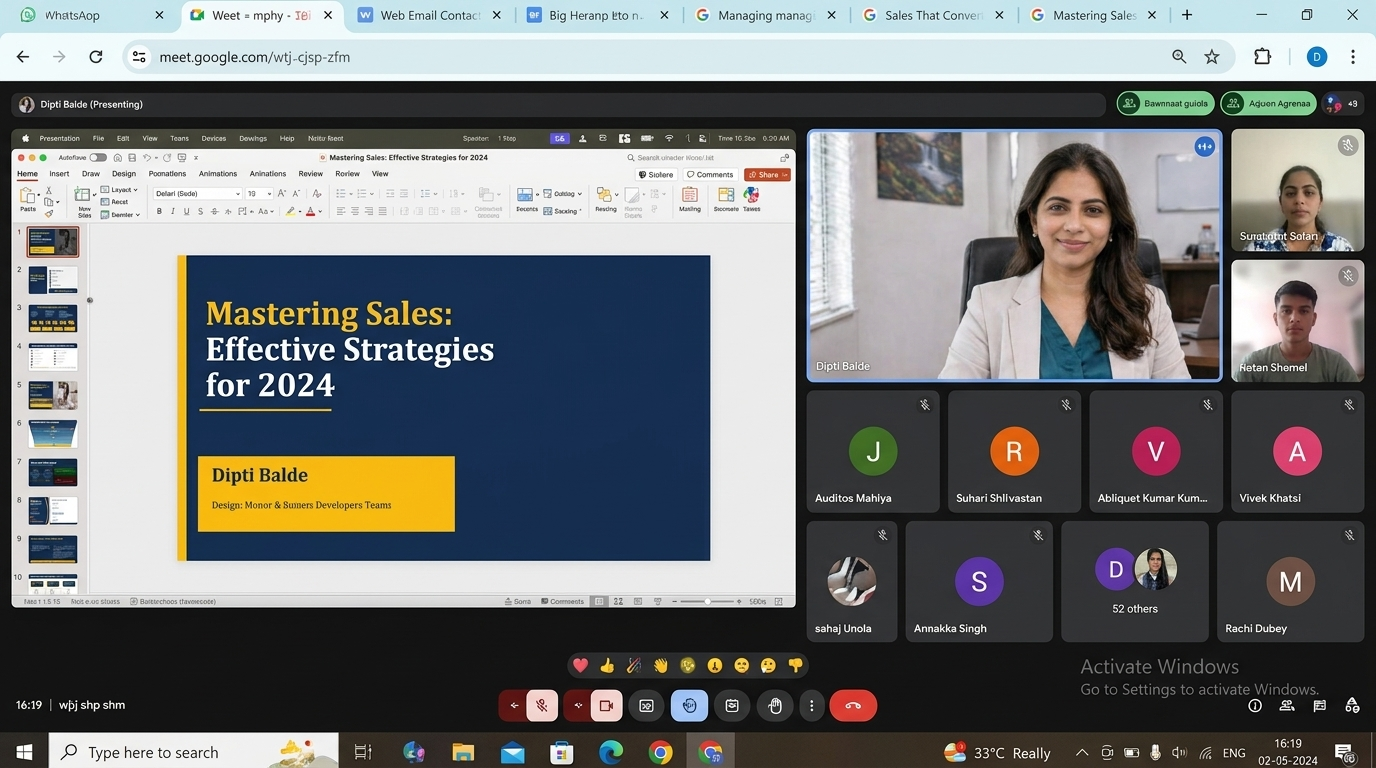 Live webinar screenshot — Dipti presenting on Google Meet with attendees